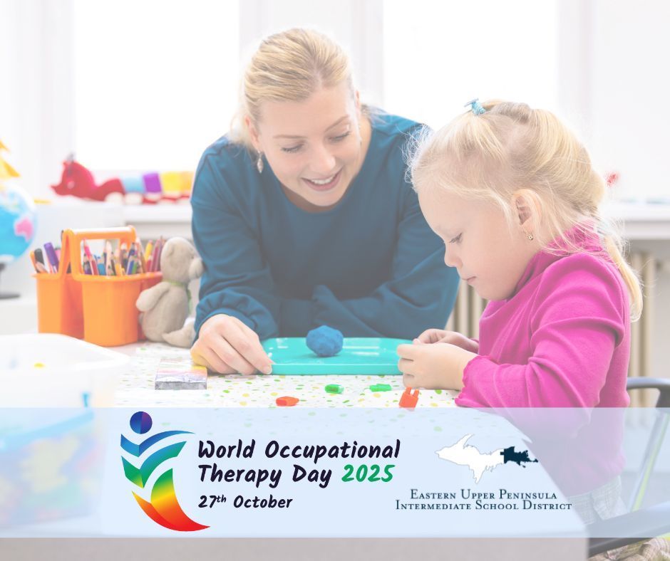 Photo of a smiling adult and a young child using a shaping tool on play doh. The text says World Occupational Therapy Day 2025. The EUPISD logo is included