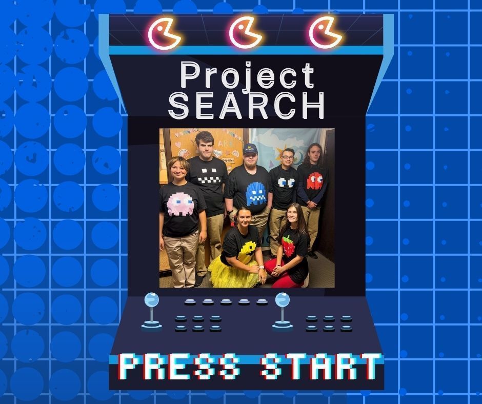 Graphic of an 1980s-style  stand up arcade game. Where the game screen would be,  there is a photo of  5 interns and 2 instructors. The students have "PacMan" ghosts on their t-shirts. One instructor has "PacMan" on her shirt and another instructor has the  "PacMan" strawberry on her shirt. 