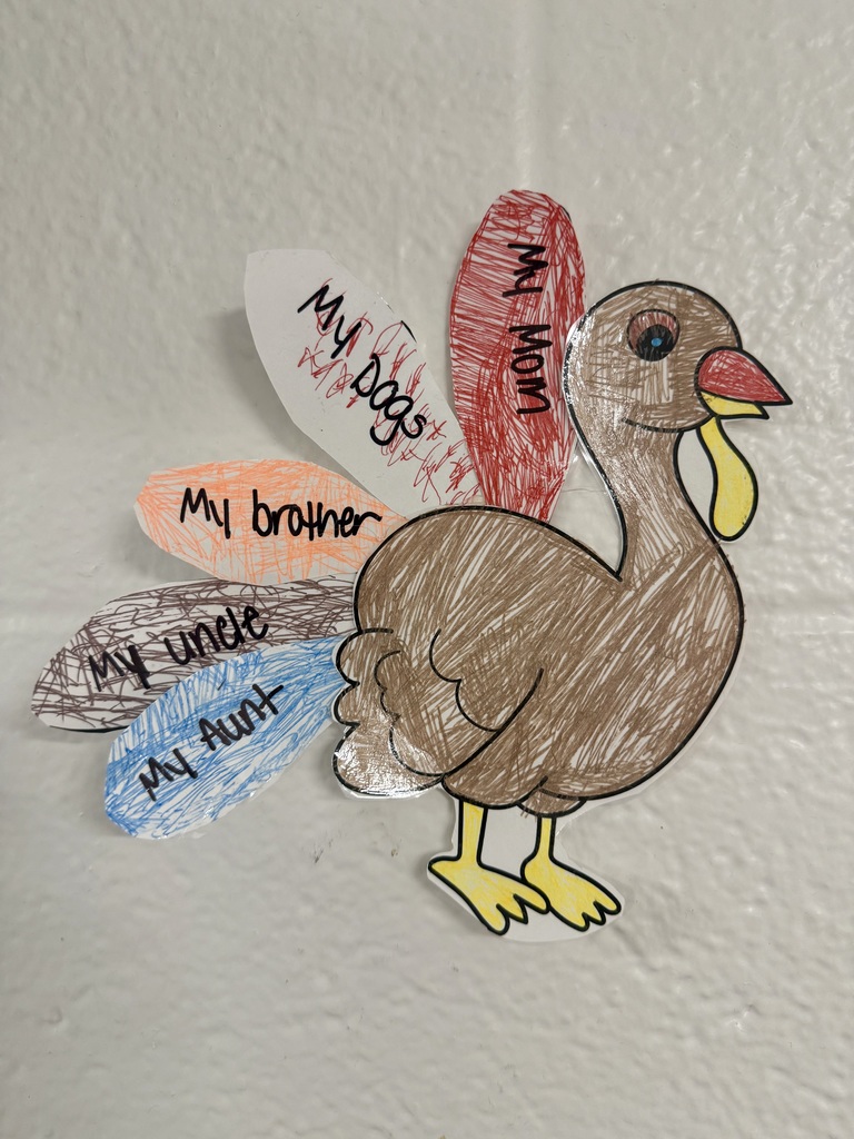 A hand colored paper turkey with words on each feather. They read "my mom," "my dogs, "my brother," "my aunt."