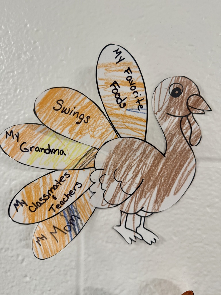 A hand colored paper turkey with words on each feather. They read "my favorite foods," "swings," "my Grandma," "my classmates & teachers," "my mom."