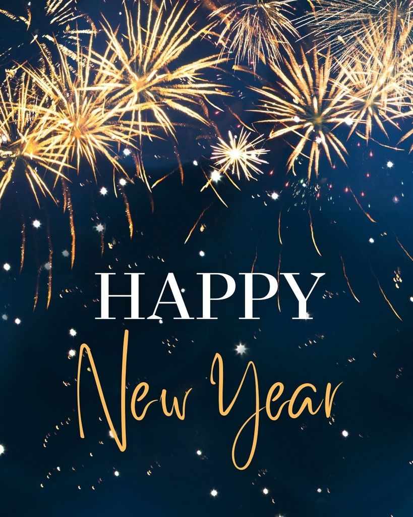 A graphic of a night sky with gold exploding fireworks. Text reads: Happy New Year