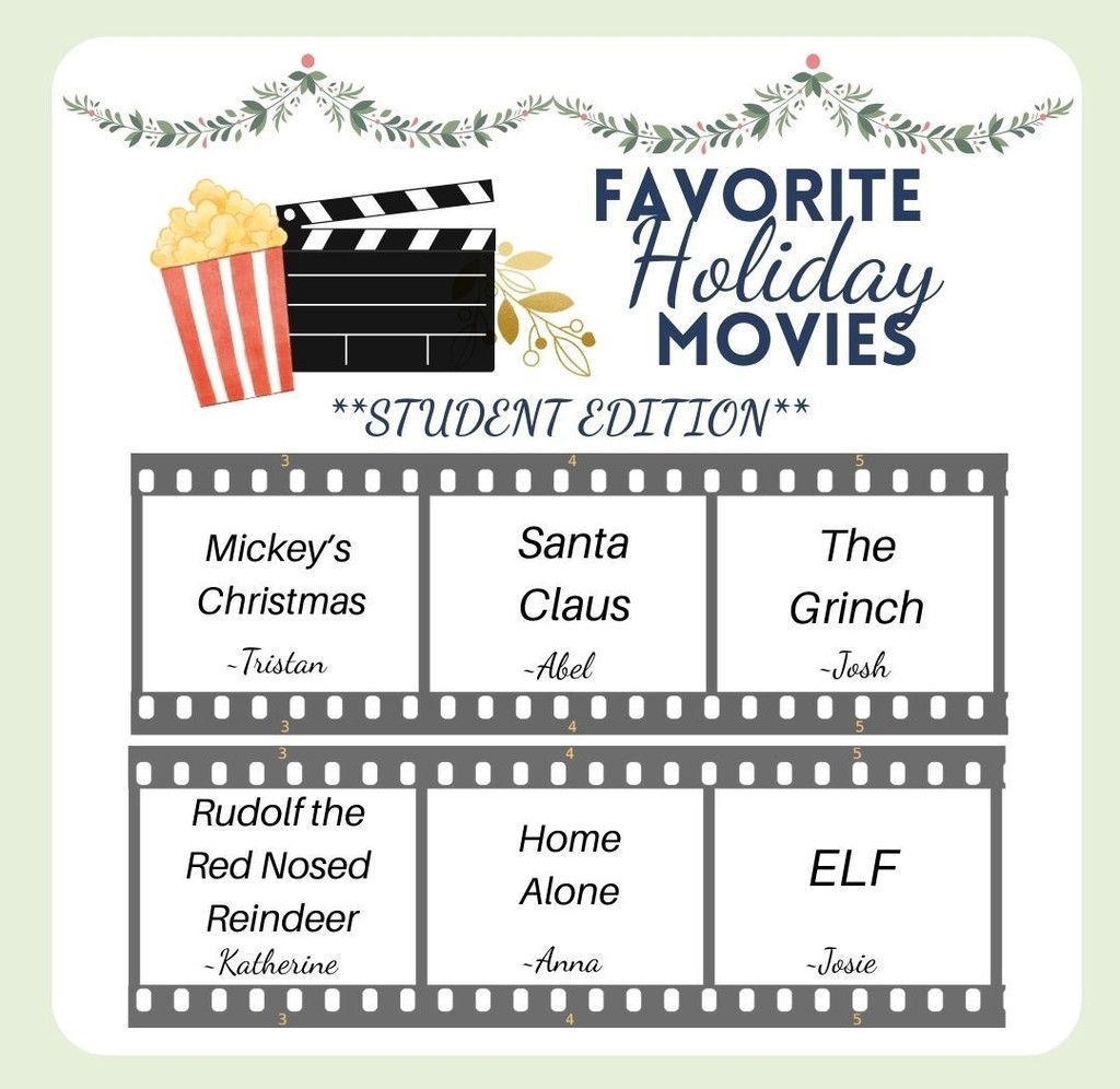 Graphic that has strips of film. The title at the top says: " Favorite Holiday Movies - Student Edition." Each square has a movie title and the first name of the student who shared it. 