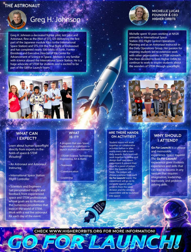 Here is alt text that meets your requirements and does **not** mention the blurred face:  **Alt Text:**   A colorful promotional poster for the “Go For Launch!” STEM program features a space-themed background with stars, galaxies, and a rocket launching upward at the center. The top section includes two text boxes with biographies—one about an astronaut and one about a program founder. Beneath each biography is a small group photo of participants standing together at an event. The lower half of the poster contains four informational sections titled “What Can I Expect?”, “What Is It?”, “Are There Hands-On Activities?”, and “Why Should I Attend?”, each listing details about the program’s learning opportunities, activities, and benefits. At the bottom, there is a website link for more information and large text reading “Go For Launch!” with space-themed graphics surrounding it.