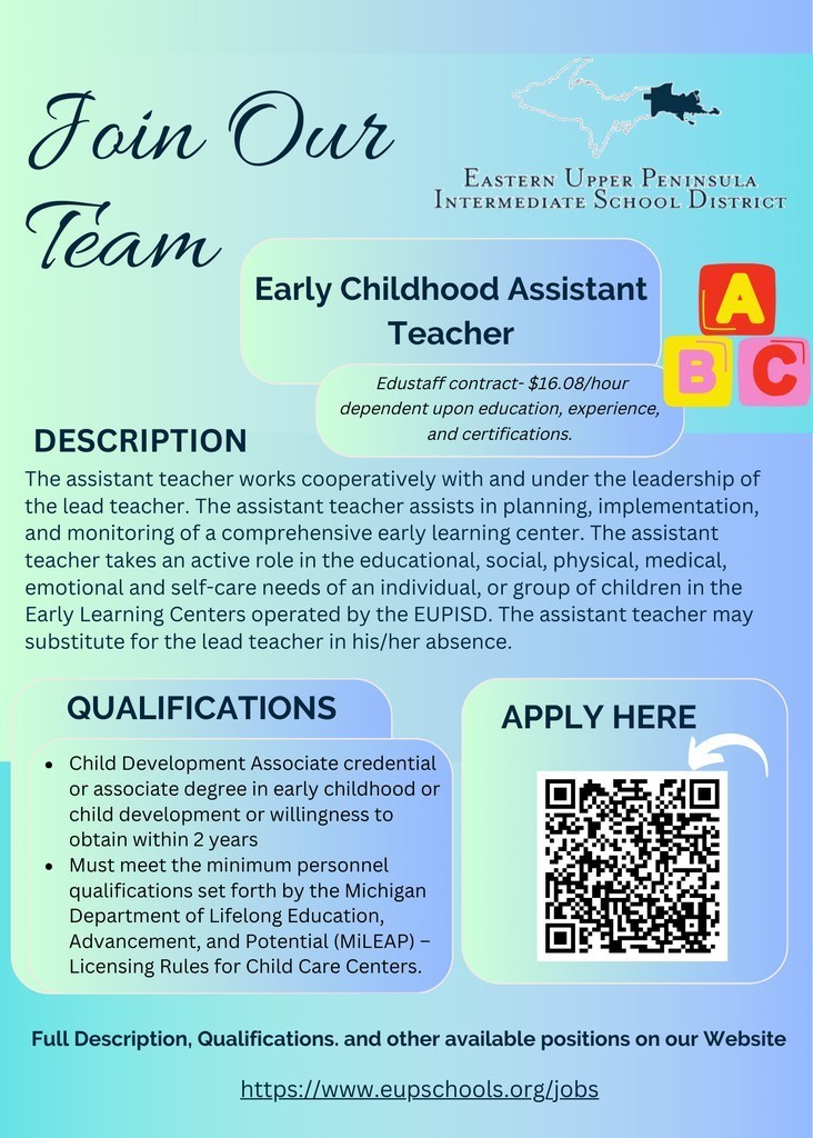Flyer providing detailed information for an Assistant Teacher job opportunity. Text of flyer found in content of this article.