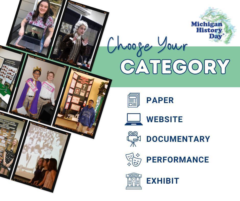 A collage featuring several images of students with various History Day projects, including laptop‑based projects, exhibit boards, and performances. The right side includes the Michigan History Day logo and the text “Choose Your Category,” with icons and labels: Paper, Website, Documentary, Performance, Exhibit.