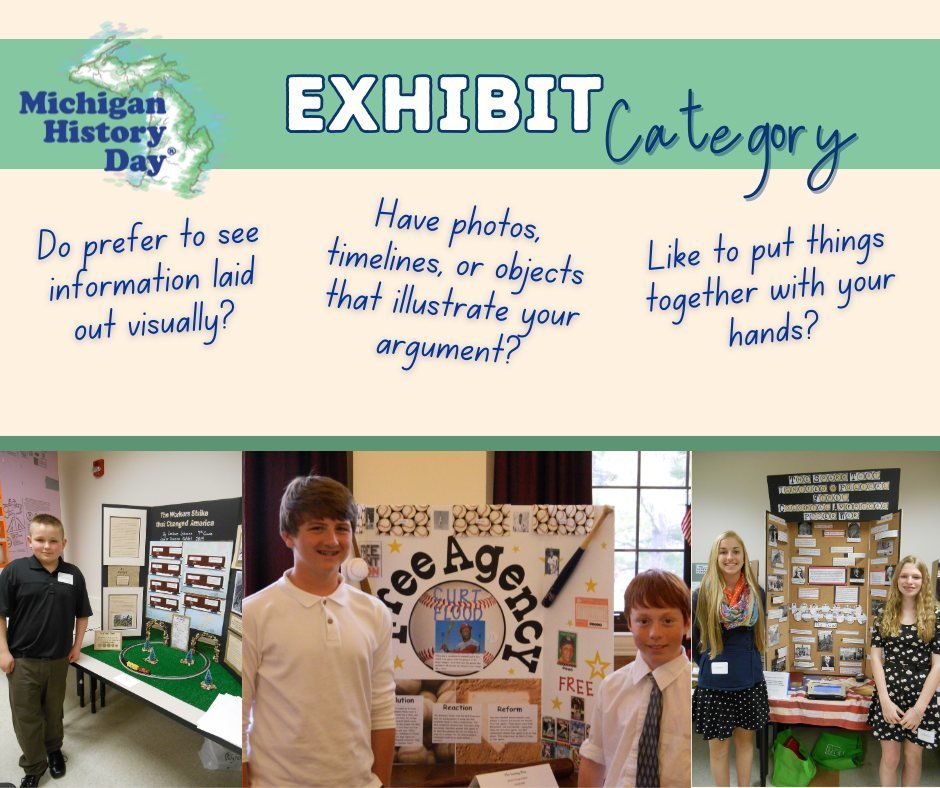 Students stand beside their History Day exhibit boards arranged in a row. At the top is the Michigan History Day logo and the text “Exhibit Category.” The graphic includes questions: “Do you prefer to see information laid out visually? Have photos, timelines, or objects that illustrate your argument? Like to put things together with your hands?”