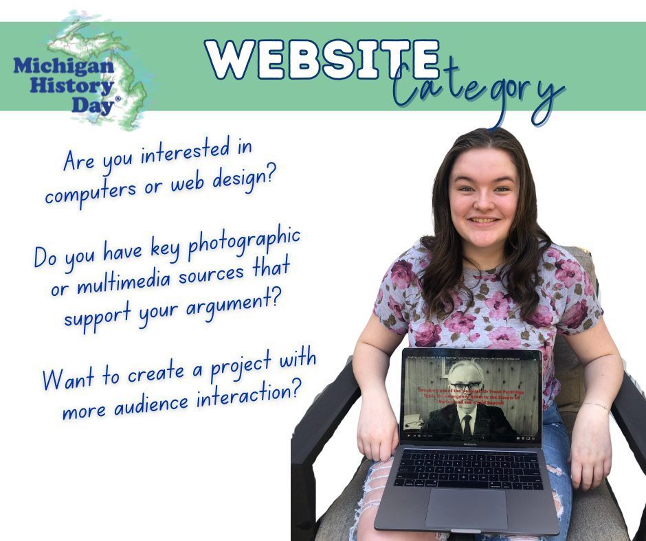 A student seated in a chair holding an open laptop with a historical image displayed on the screen. At the top, the Michigan History Day logo appears next to the text “Website Category.” A white text box asks: “Are you interested in computers or web design? Do you have key photographic or multimedia sources that support your argument? Want to create a project with more audience interaction?”