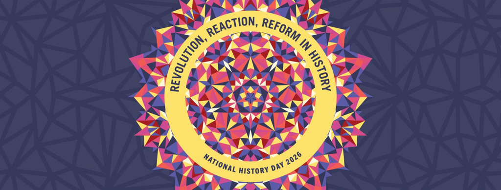 A circular geometric design with bright pink, yellow, blue, and purple triangular patterns. Around the circle is a yellow ring containing the text “Revolution, Reaction, Reform in History” at the top and “National History Day 2026” at the bottom. The background is dark blue with a geometric triangle pattern.