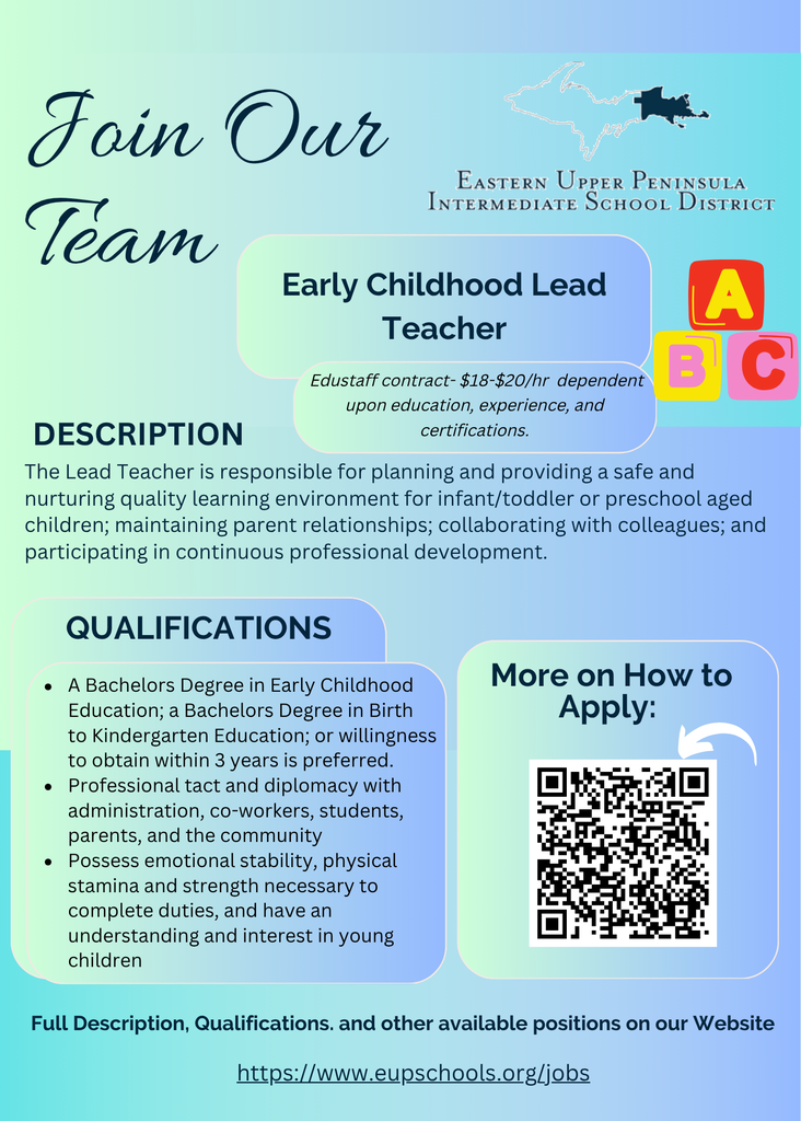 A pastel gradient recruitment flyer from Eastern Upper Peninsula Intermediate School District that reads “Join Our Team” and advertises an Early Childhood Lead Teacher position. The flyer includes pay information of $18–$20 per hour through an EduStaff contract, dependent on education, experience, and certifications. Sections titled “Description” and “Qualifications” list responsibilities such as providing a safe, nurturing learning environment for infants, toddlers, or preschool children, collaborating with colleagues, and maintaining relationships with parents. Qualifications include a bachelor’s degree in Early Childhood or a related field, professional demeanor, and interest in working with young children. A QR code labeled “More on How to Apply” appears on the right, with a web link at the bottom directing viewers to https://www.eupschools.org/jobs. Decorative ABC blocks and a map graphic are also visible.