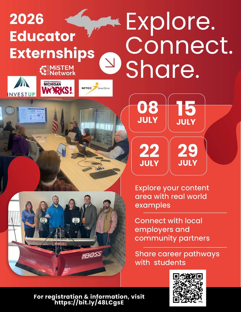Flyer titled “2026 Educator Externships” with the words “Explore. Connect. Share.” It promotes opportunities for educators to explore real-world examples in their content area, connect with local employers and community partners, and share career pathways with students. Registration information is listed along with session dates in July 2026: July 8, 15, 22, and 29.