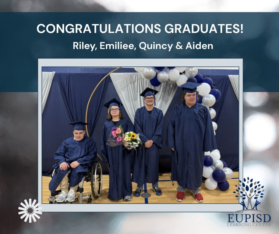 4 students pose in graduation caps and gowns. Text says: Congratulations Graduates! Riley, Emiliee, & Quincy.