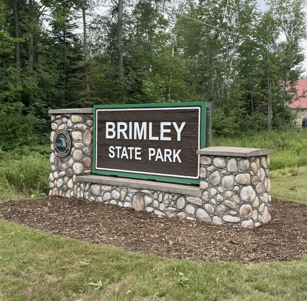 A brown woodern sign that says - "Brimley State Park."