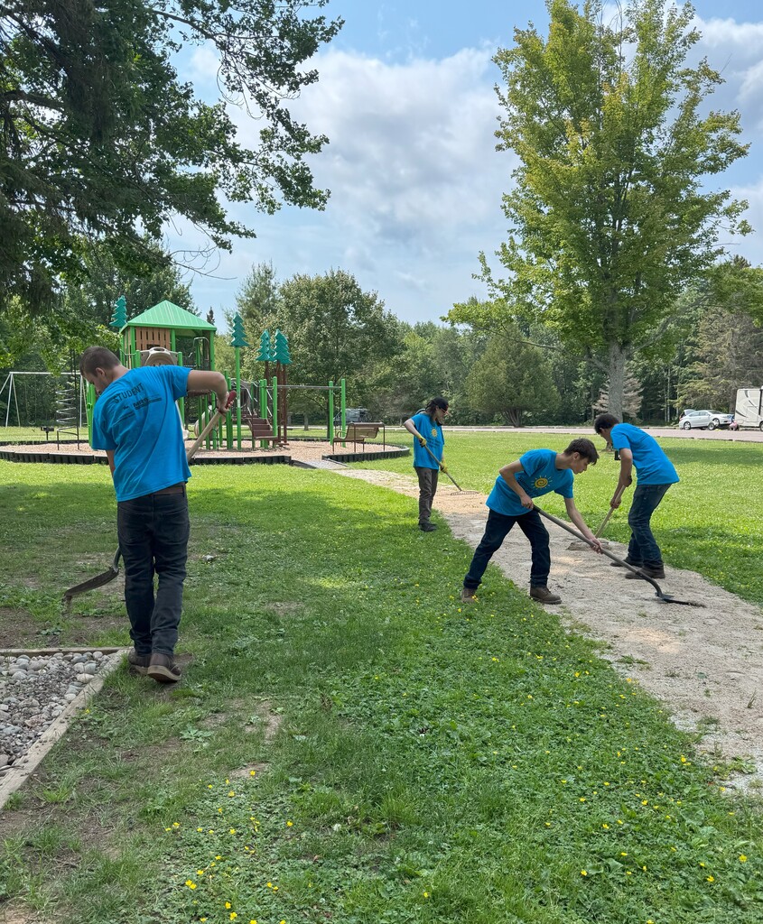 4 young people work to clean a trail through a field.