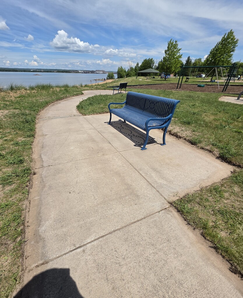 A bright blue bench on concrete in a sunny park. The outside of the concrete pad and sidewalk have been recently edged.