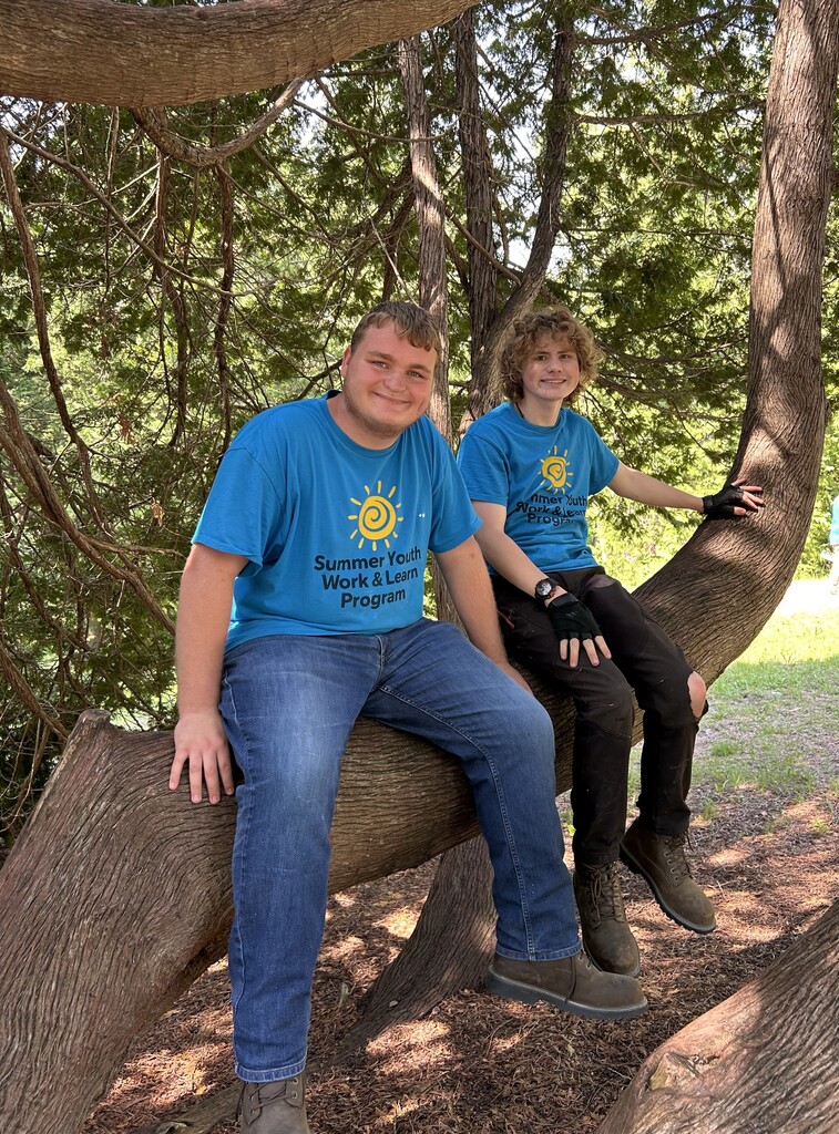 Two students in bright blue Summer Youth Work & Learn t shirts sit together smiling on a thick tree branch.