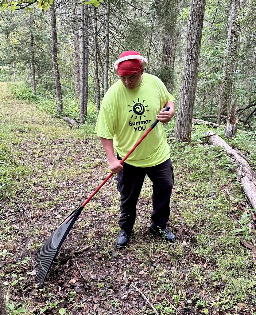 A student rakes on a trail in the woods.