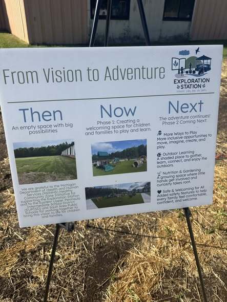 Sign with then, now, and next columns, header from vision to adventure