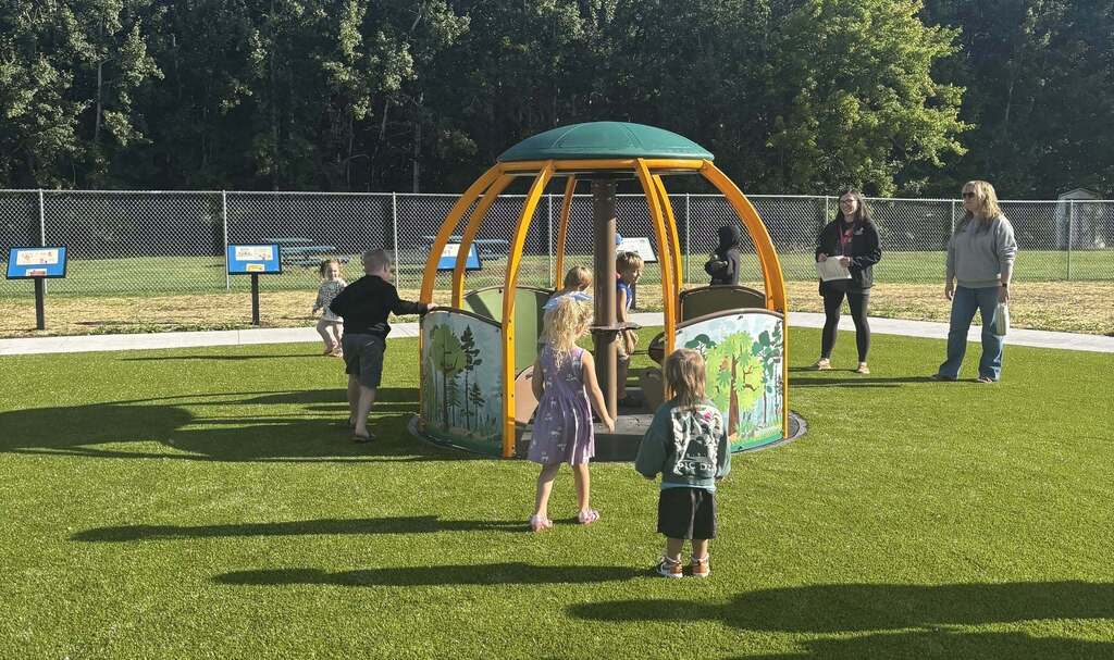 Children playing on playground fixture