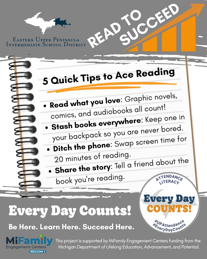 Graphic provides "5 Quick Tips to Ace Reading." Read what you love: Graphic novels , comics and audiobooks all count! Stash books everywhere: Keep one in your backpack so you are never bored. Ditch the phone: Swap screen time for 20 mins of reading. Share the story: Tell a friend about the boko you're reading.