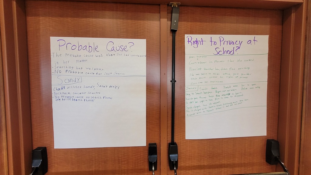 two posters with student thoughts on probable cause and their right to privacy at school