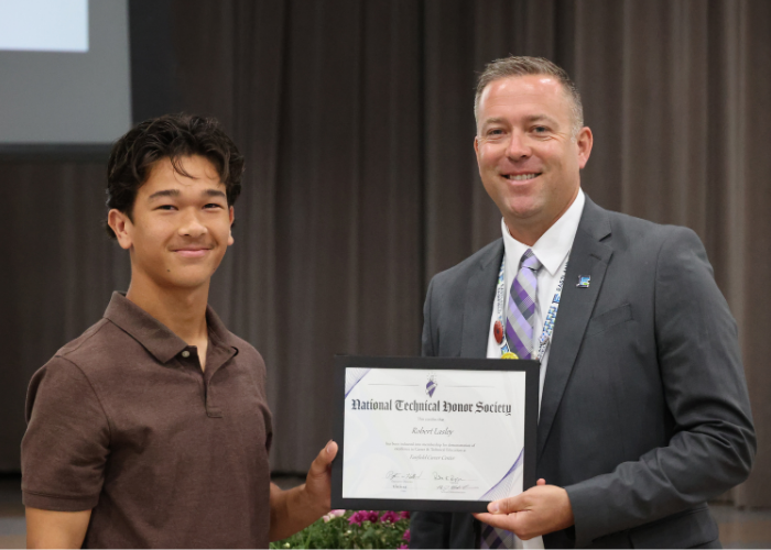 Principal Beau Stidham and FCC student Robert Lasley at the National Technical Honors Society Induction Ceremony 