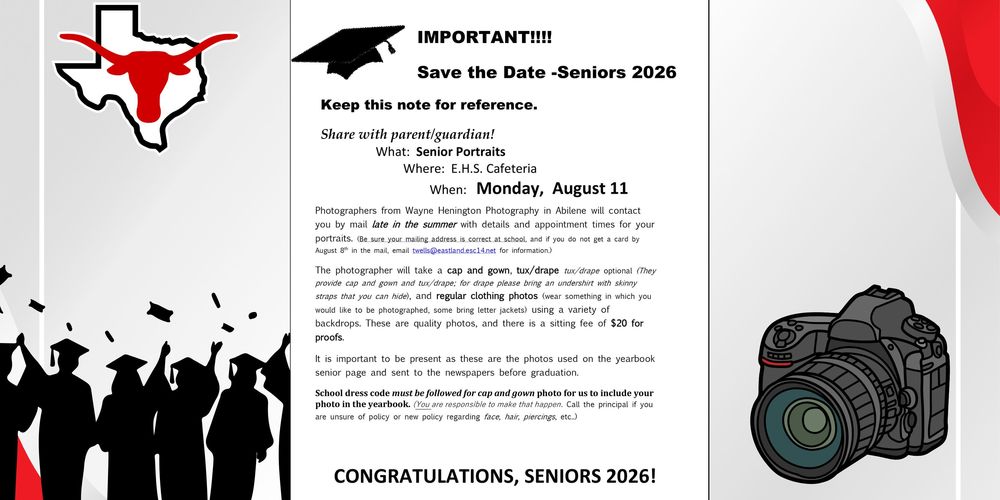 Save the Date - Class of 2026 Senior Portraits, August 11th