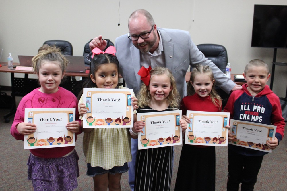 Breanna, Raiden, Aleida, Haiden, and Haylen lead the Pledge at February School Board Meeting!