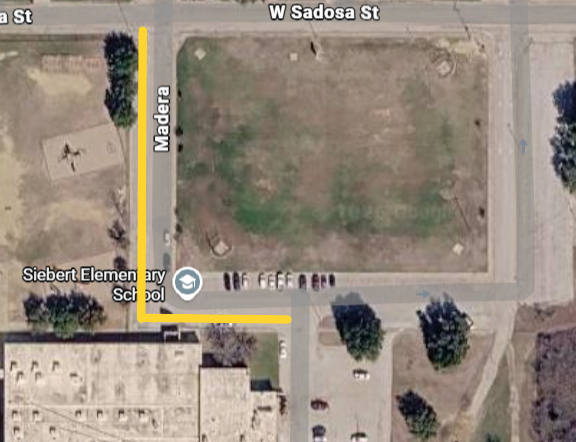 Map of Siebert, with a yellow line indicating areas where no parking will be permitted until after 3:15 PM on May 5th.