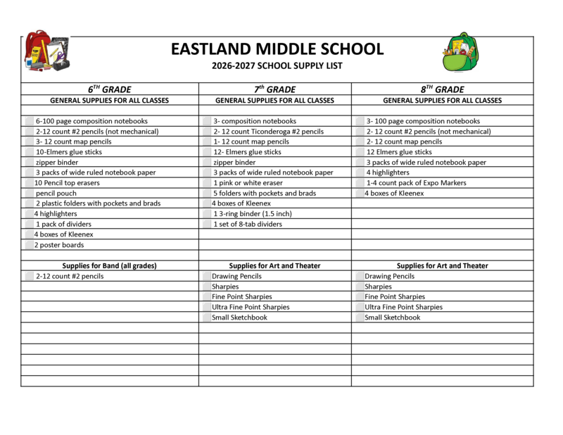 EMS School Supplies List, 2026-2027