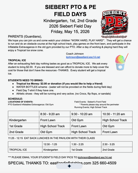 Kindergarten, 1st, & 2nd Grade Field Days Flyer
