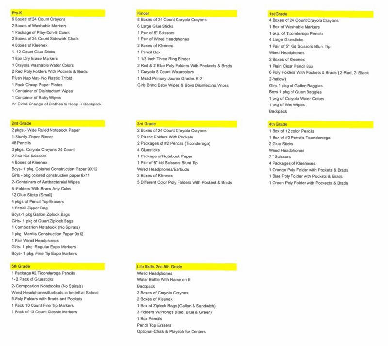 School Supplies List for 2026-2027
