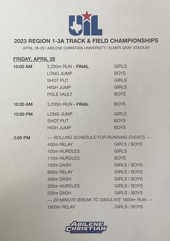 Regional Track Meet Friday Schedule
