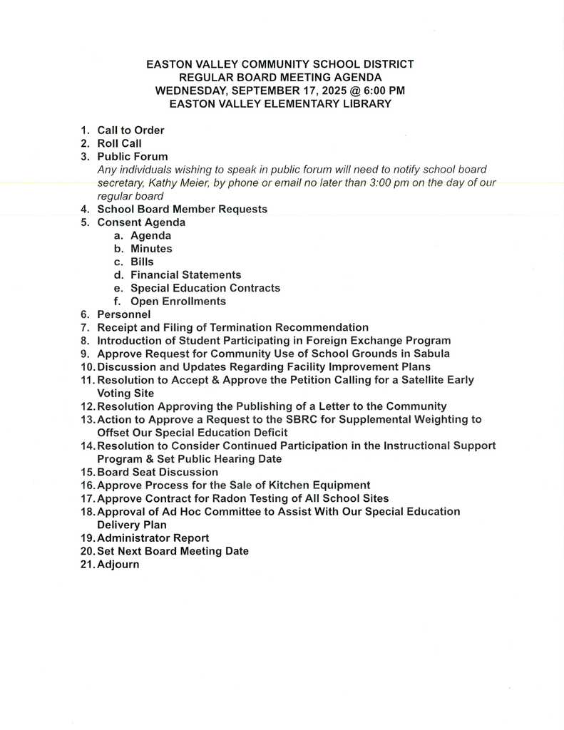 September 17 2025 board agenda