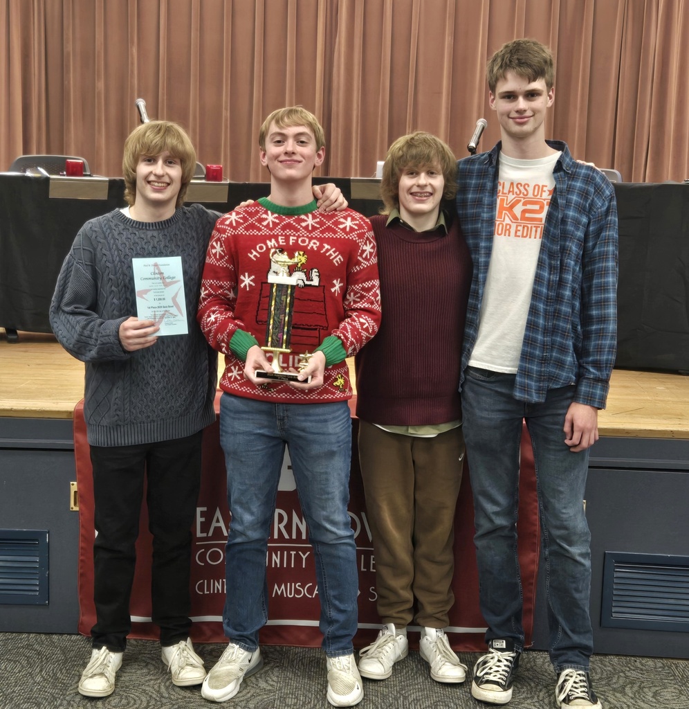 Congratulations Easton Valley Quiz Bowl team- Clinton Community College 2025 Quiz Bowl Champions! Lucas Kunde, Jordan Boehde, Tyler Kunde, and Tyson Tubbs