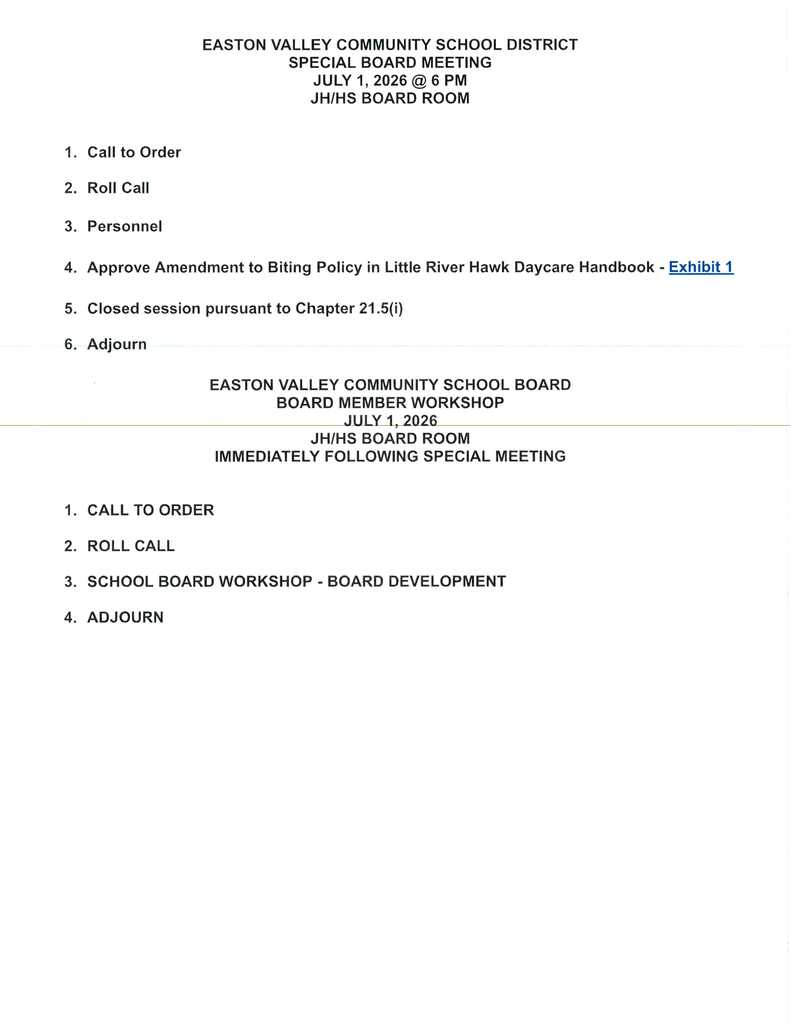 July 1 2026 special board meeting