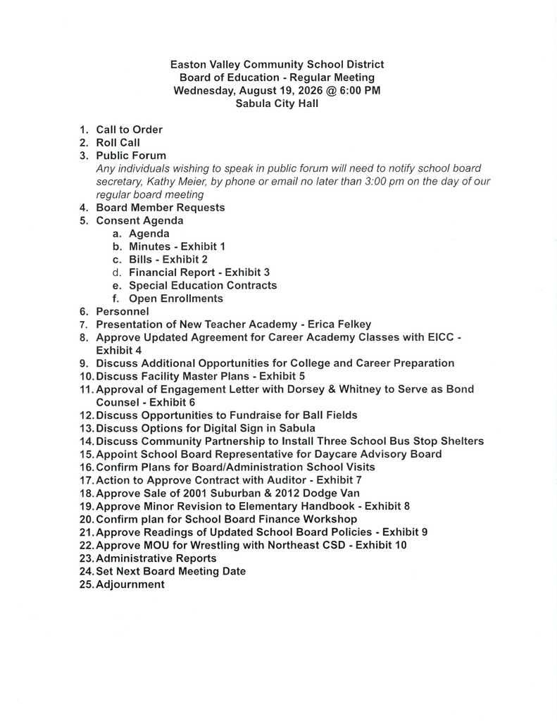 August 19, 2026 board agenda