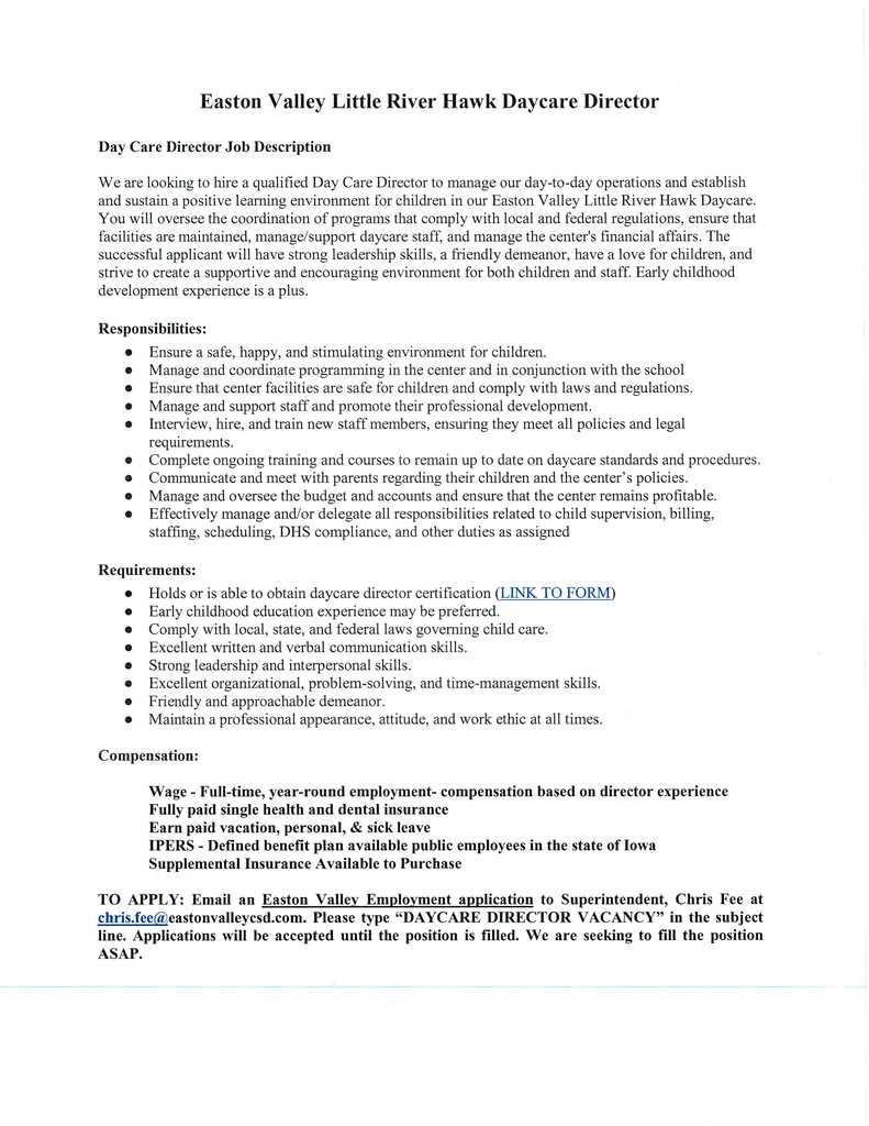 Daycare Director Job Description
