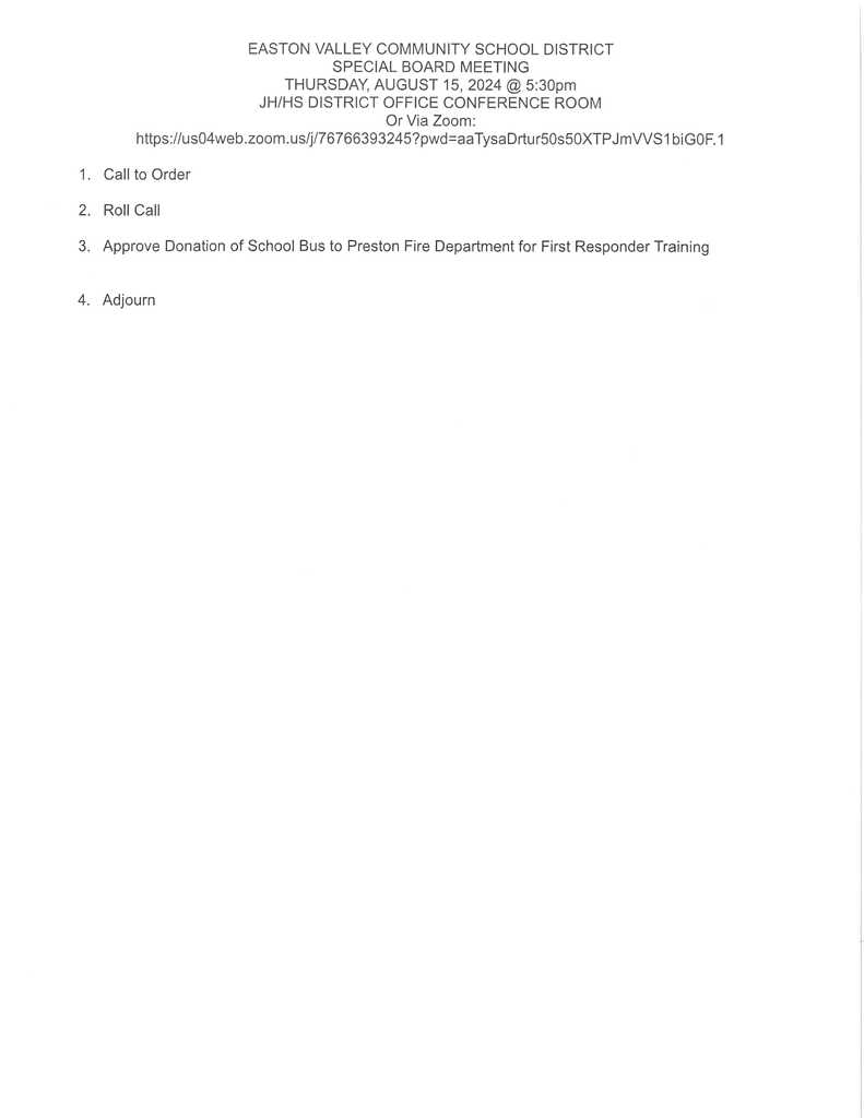 August 15 Special Board Meeting