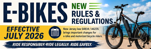 e-bikes: new rules & regulations effective July 2026 - New Jersey law S4834/A6235 brings important changes for e-bike and motorized bicycle riders. Ride Responsibly. Ride Legally. Ride Safely.