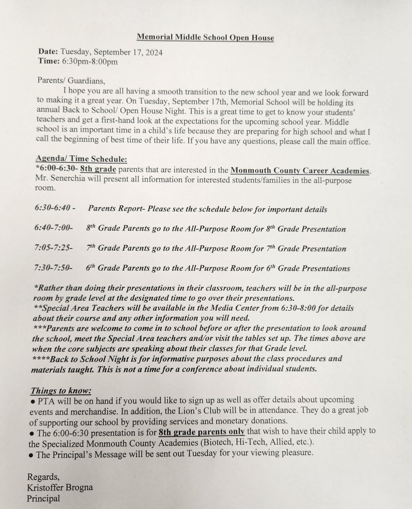 Memorial School Open House Agenda