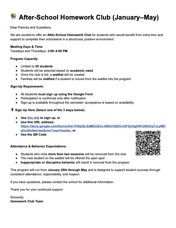 📚 ECMS/HS After-School Homework Club (January–May)