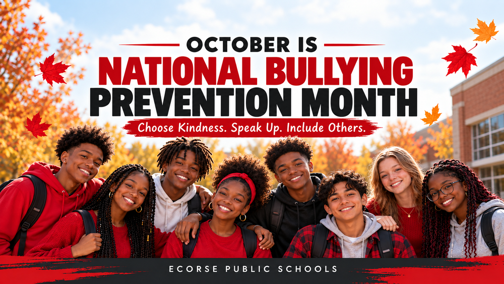 October is National Bullying Prevention Month. A diverse group of students together with the message: Choose Kindness. Speak Up. Include Others.