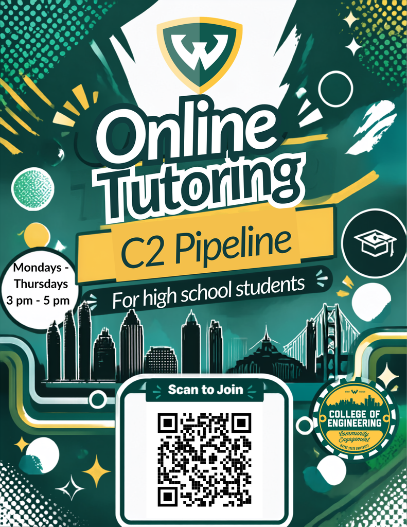 C2 Pipeline online tutoring for high school students, available Mondays through Thursdays from 3–5 p.m. Flyer includes a QR code to join and Wayne State University College of Engineering branding