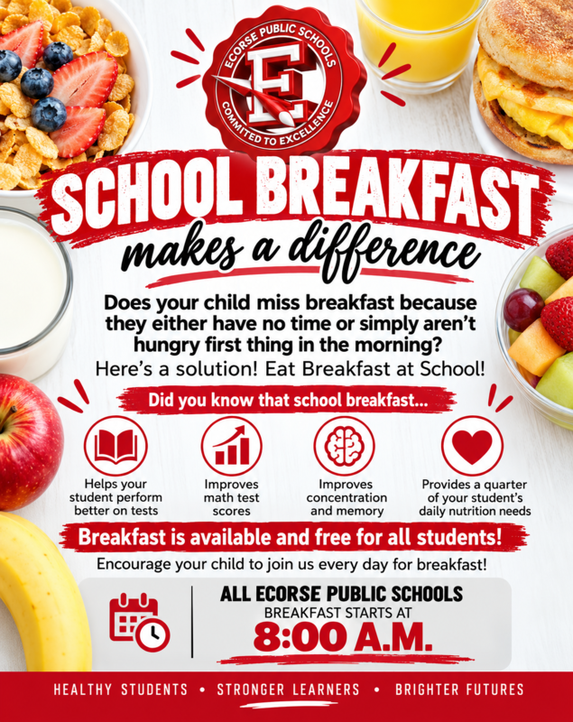 Full Ecorse Public Schools breakfast flyer: free breakfast for all students starts at 8:00 a.m. at every school.