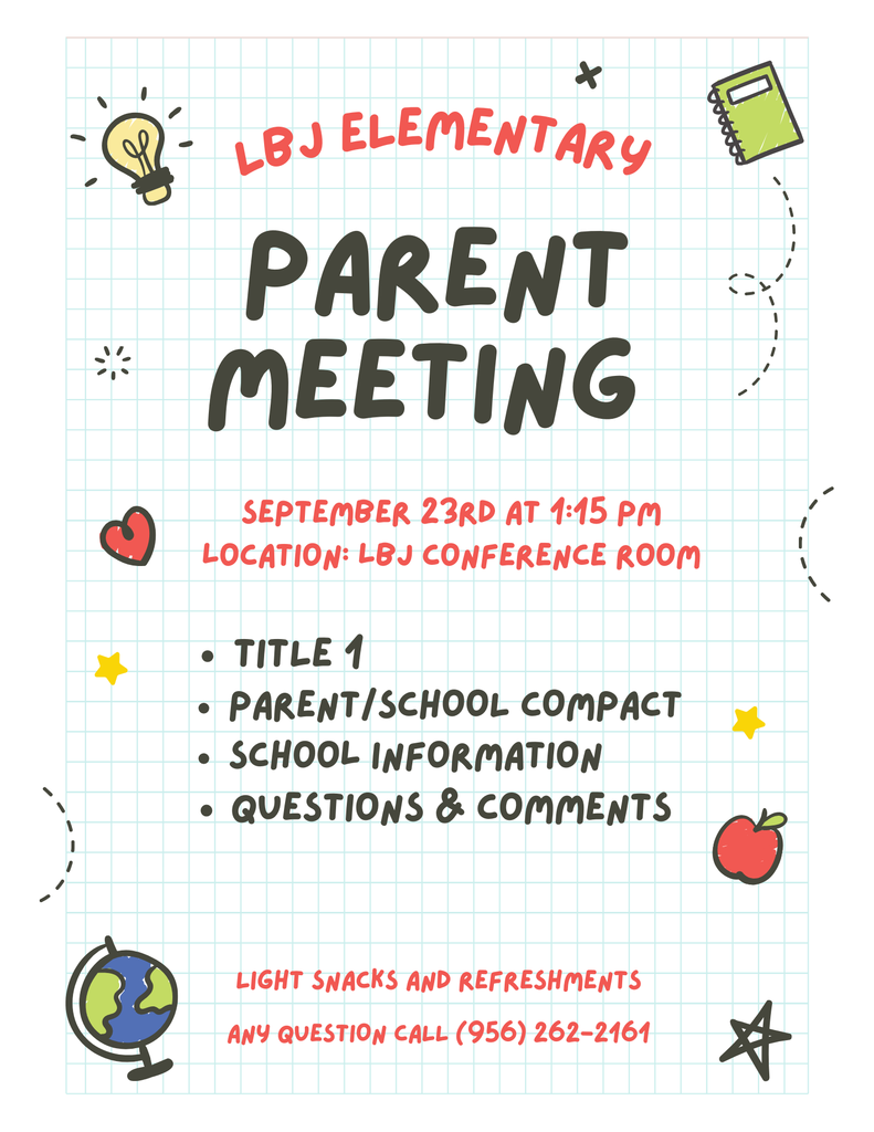Parent meeting scheduled for September 23rd at 1:15 p.m. We look forward to welcoming our parents.