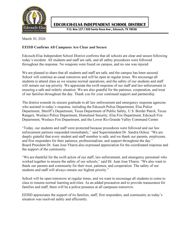 EEISD Confirms All Campuses Are Clear and Secure