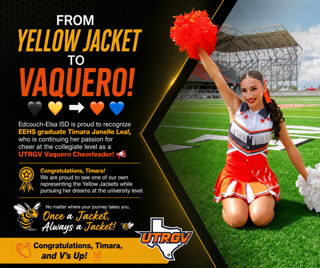 Congratulations to EEHS graduate Timara Janelle Leal, who is continuing her passion for cheer at the collegiate level as a UTRGV Vaquero Cheerleader! 📣 We are proud to see our Yellow Jackets pursuing their dreams and representing EEISD beyond graduation. Once a Jacket, Always a Jacket! 🐝