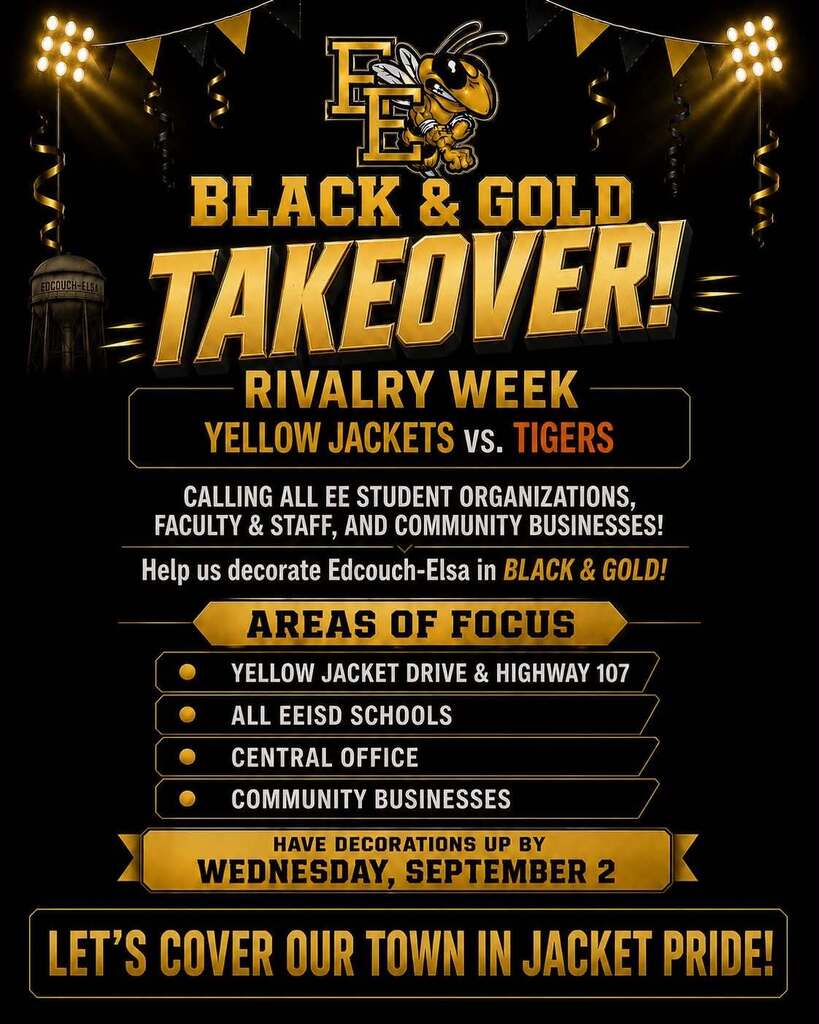 🐝🖤💛 Jacket Nation, it’s RIVALRY WEEK! Our Yellow Jackets are taking on the Mercedes Tigers, and we need your help to PAINT THE TOWN BLACK & GOLD! Show your Jacket Pride and help us cover Edcouch-Elsa in school spirit! 🖤💛 See the flyer for all the details and areas of focus. Let’s show Mercedes this is JACKET COUNTRY! 🐝🔥🏈
