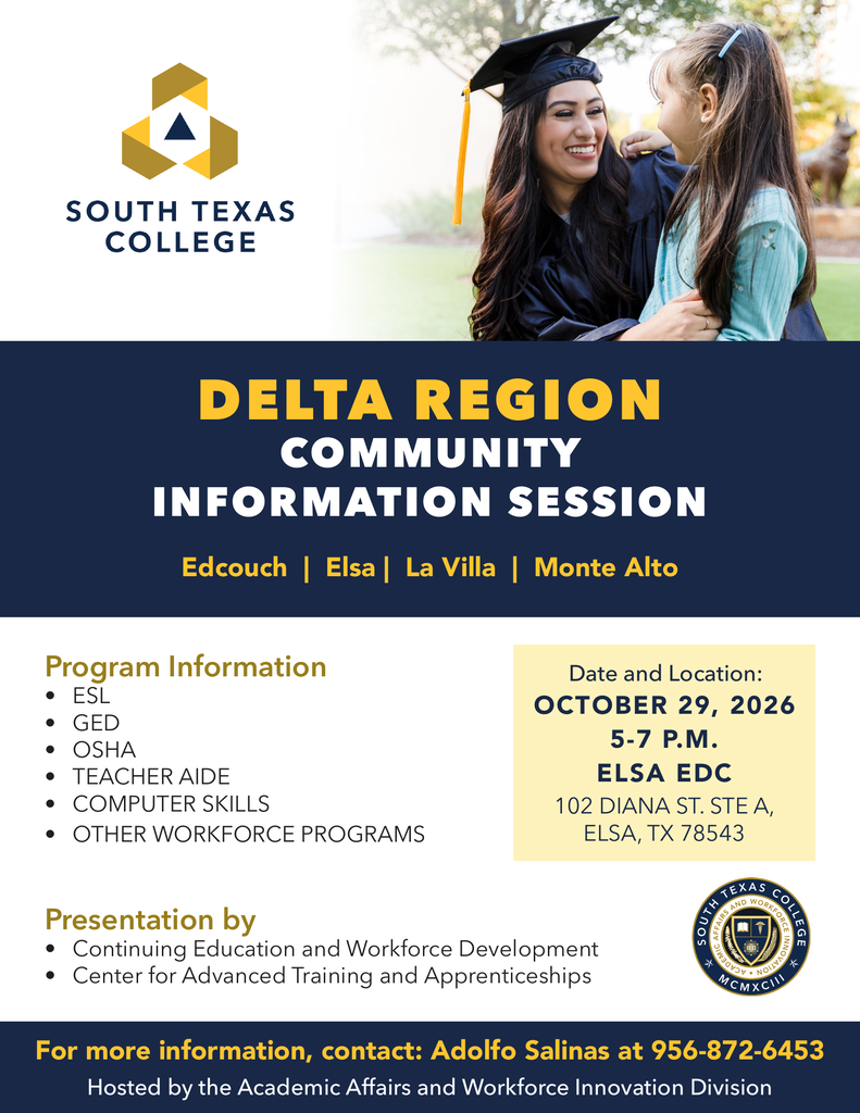 📢 Community Education Opportunity! South Texas College will host a Delta Region Community Information Session on Thursday, October 29, 2026, from 5:00 to 7:00 PM at the Elsa Economic Development Corporation (EDC), located at 102 Diana St., Ste. A, Elsa, TX. Residents of Edcouch, Elsa, La Villa, and Monte Alto are invited to learn about educational and workforce training opportunities, including ESL, GED, OSHA, teacher aide, computer training, and other employment-related programs. For additional information, contact Adolfo Salinas at 956-872-6453. Edcouch-Elsa ISD is proud to share opportunities that support lifelong learning and career development in our community.