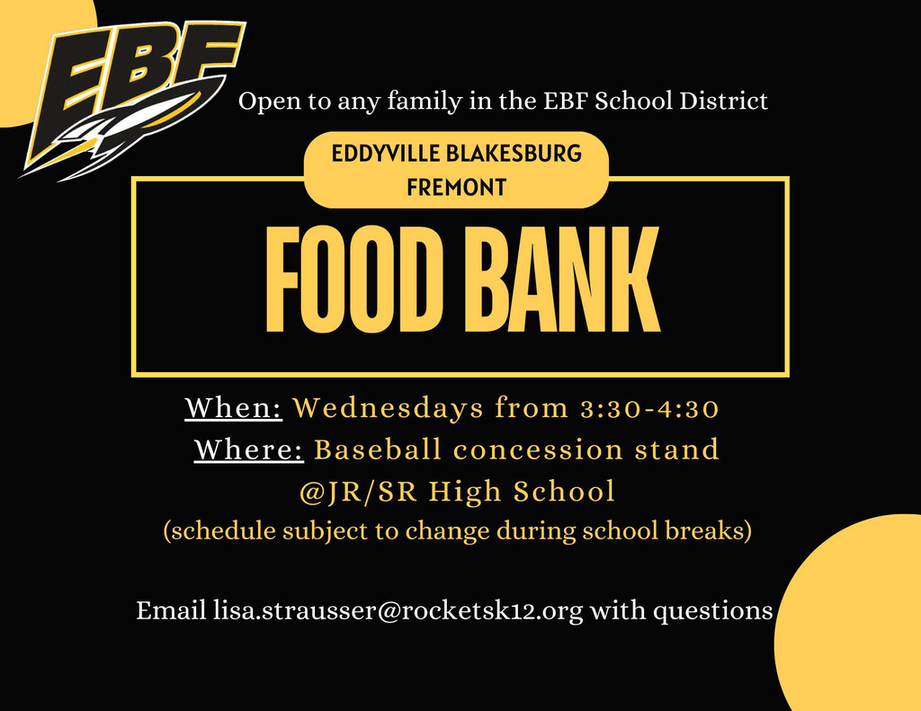 Flyer for Rocket Food Pantry with black background, yellow and white font. Open on Wednesdays from 3:30 - 4:30 PM at the Jr./Sr. High baseball field concession stand. Email lisa.strausser@rocketsk12.org with questions.